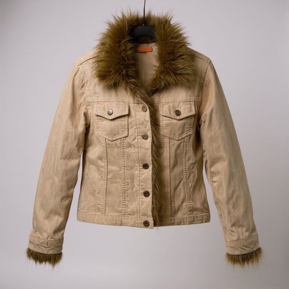 Y2K Vintage Vibe Anthropologie Tulle Brown Corduroy Faux Fur Trim Jacket Size‎ S